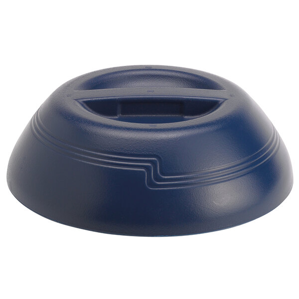 A navy blue plastic dome plate cover with a handle.