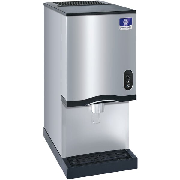 A stainless steel Manitowoc countertop ice machine with a black and silver lever.