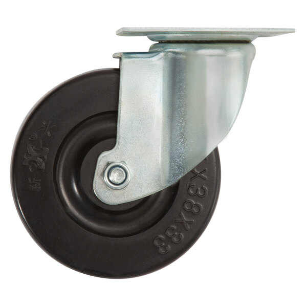 A Cooking Performance Group black and silver caster wheel with a metal wheel.