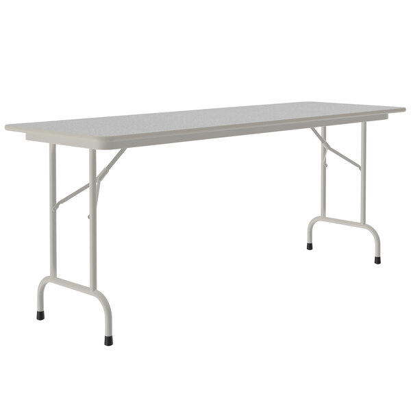 A gray rectangular folding table with a gray base.