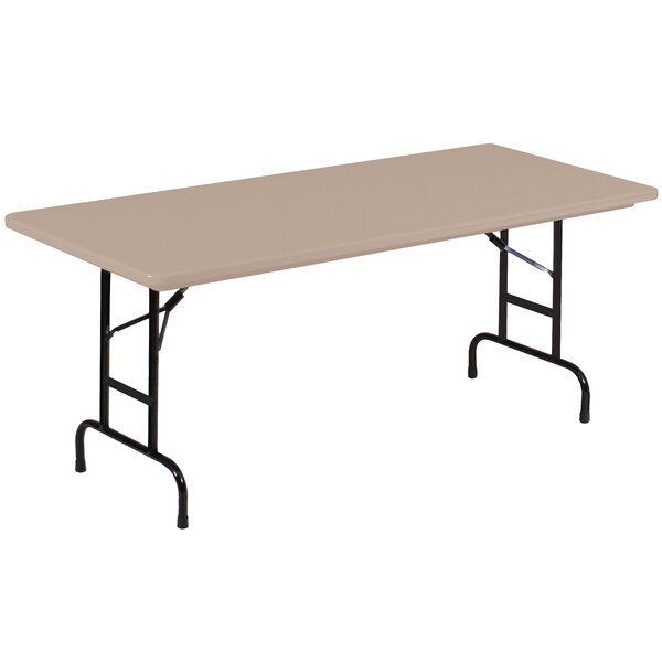 A rectangular Correll folding table with a mocha top and black legs.