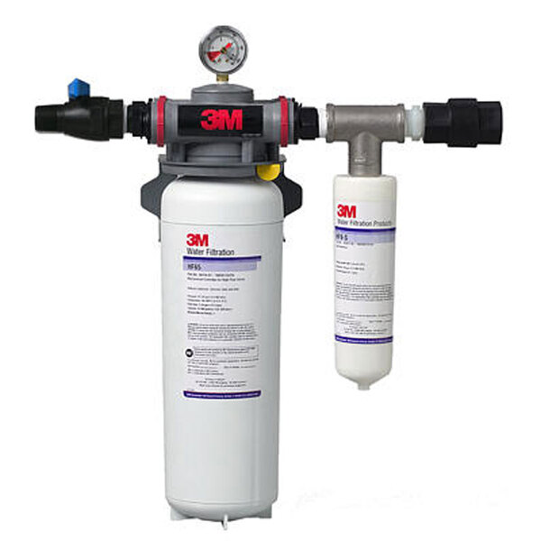 A white 3M water filtration system with black text on the container and two water filters.