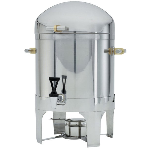 A silver metal Vollrath coffee urn with a round lid.