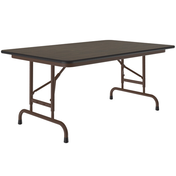 A Correll rectangular walnut melamine folding table with a brown metal frame.
