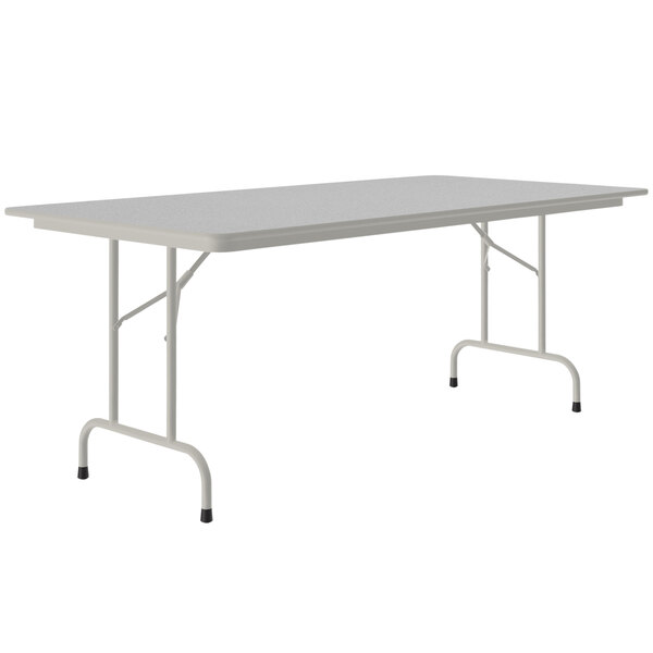 A gray rectangular Correll folding table with a gray frame.