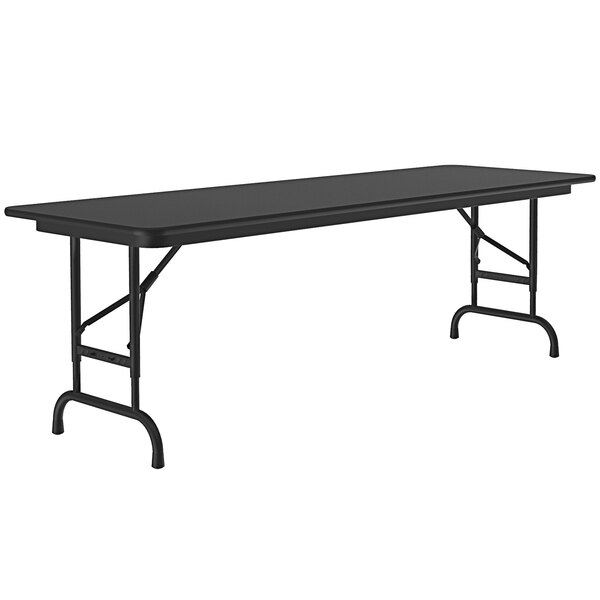 A rectangular black Correll folding table with a metal frame and legs.