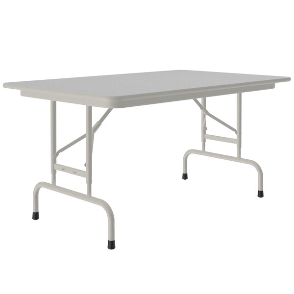 A Correll rectangular folding table with a gray granite top and gray legs.