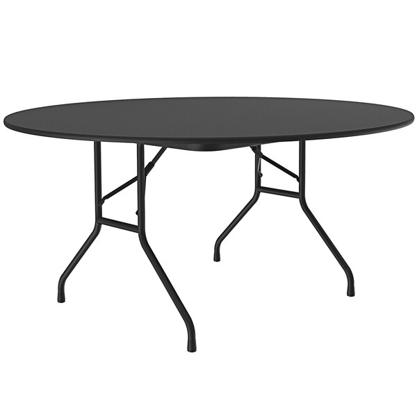 A Correll black round folding table with metal legs.