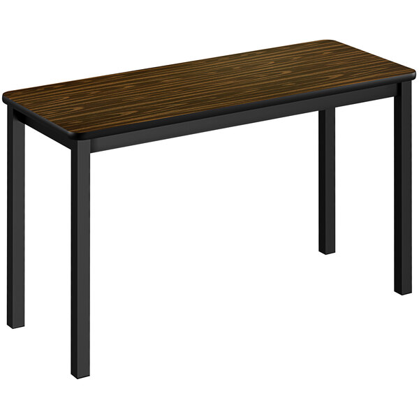 A Correll rectangular lab table with a walnut top and black frame.