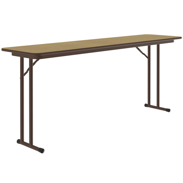 A Correll rectangular seminar table with a Fusion Maple top and off-set metal legs.