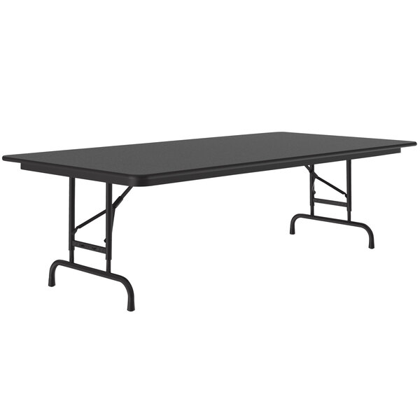 A rectangular black Correll folding table with metal legs.