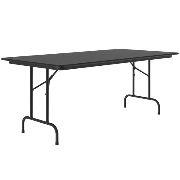 A rectangular black Correll folding table with black legs.