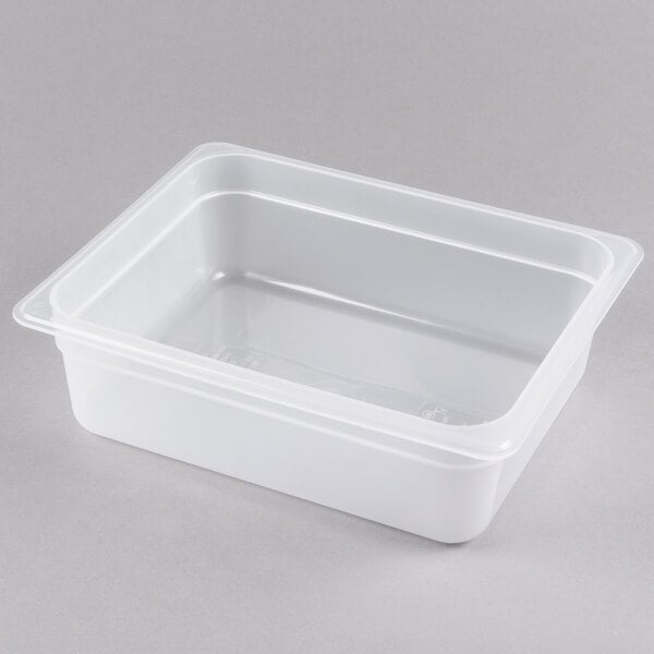 A white plastic Cambro food pan with a clear lid.
