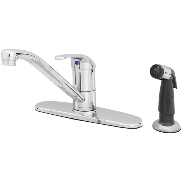 A T&S chrome single lever faucet with a 9" spout, 4' sidespray, and 10" deckplate.