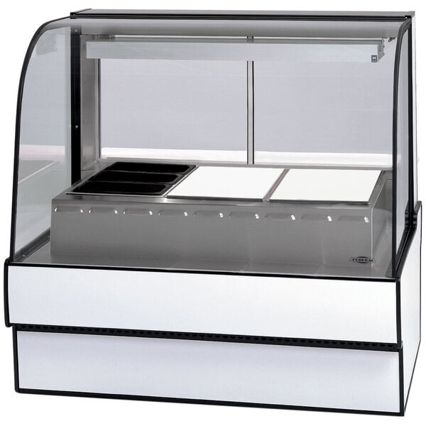 A Federal Industries full service heated display case with a curved glass top.