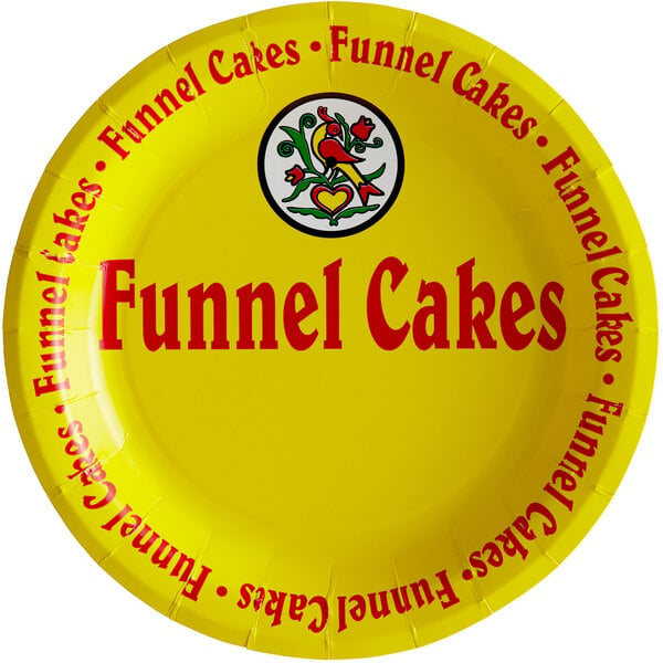 A yellow paper plate with red text that says "Funnel Cakes"