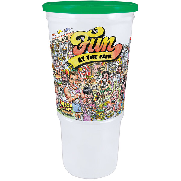 A white cup with "Fun at the Fair" design in green.