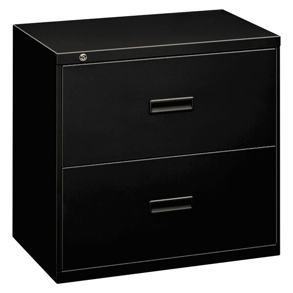A Hon black steel lateral file cabinet with two drawers.