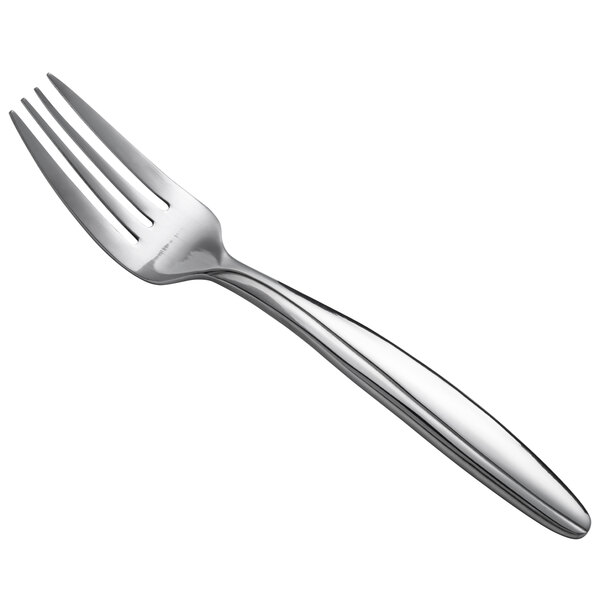 A close-up of a Oneida Glissade stainless steel salad fork with a silver handle.