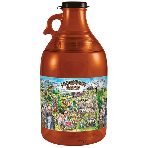 A 54 oz. plastic Mountain Brew soda growler with a handle and a cartoon image on it.