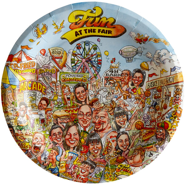 A 9" Fun at the Fair paper plate with a cartoon of people at a circus.