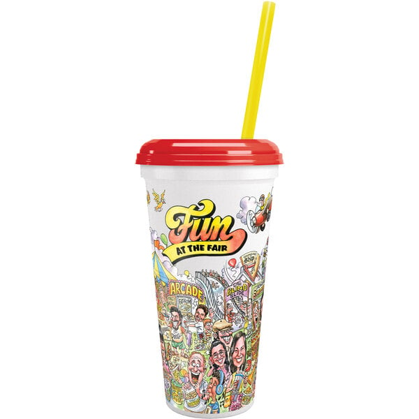 A 32 oz. plastic "Fun at the Fair" souvenir cup with straw and lid decorated with cartoon drawings.