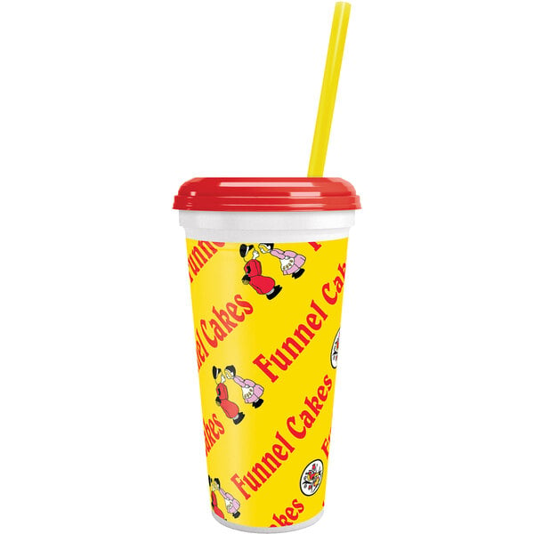 A yellow plastic souvenir cup with a red Funnel Cake design and a straw.