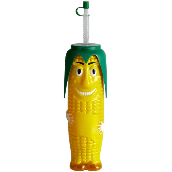 A yellow plastic corn drink bottle with straw and lid.