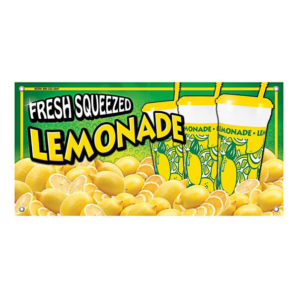 A rectangular white sign with a banner design of lemons and lemonade cups.