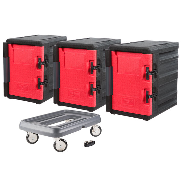 A Metro Mightylite red and black pan carrier dolly with 3 carriers.