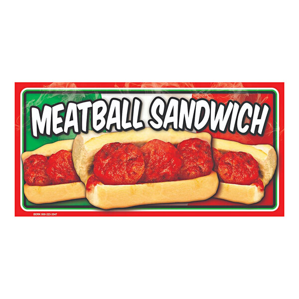 A white rectangular concession stand sign with a meatball sandwich design in black.
