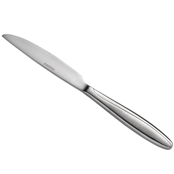 A close-up of a Oneida Glissade stainless steel dessert knife with a silver handle.