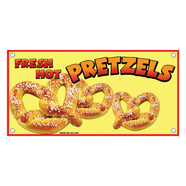 A white rectangular sign with a yellow border and text that says "Fresh Hot Pretzels" and a close-up of a pretzel.