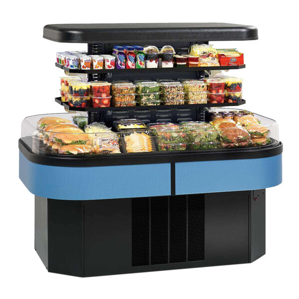 A Federal Industries Island Self-Service Air Curtain Merchandiser with food in containers on it.