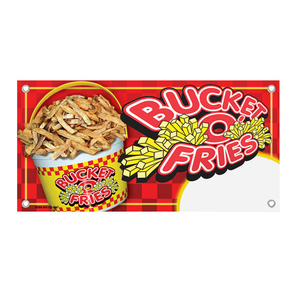 A white rectangular concession sign with a red and yellow checkered design featuring a "Bucket O' Fries" sign.