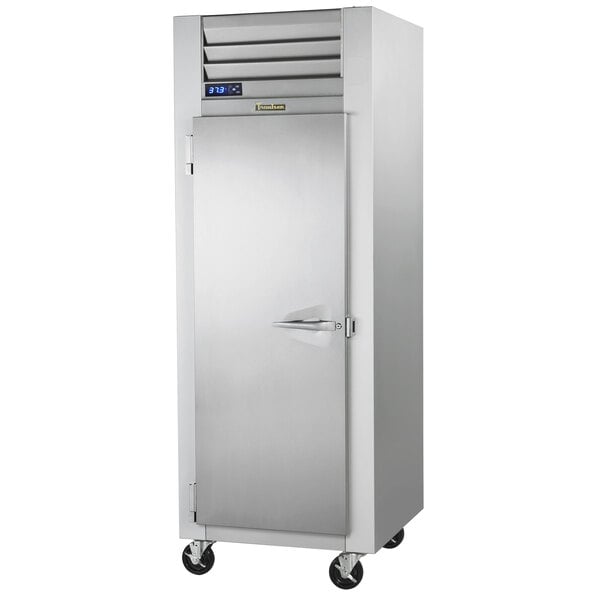 A Traulsen G Series reach-in freezer with a left hinged door.