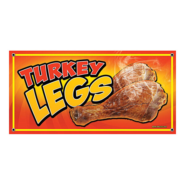 A white rectangular concession stand sign with text and a turkey leg design.