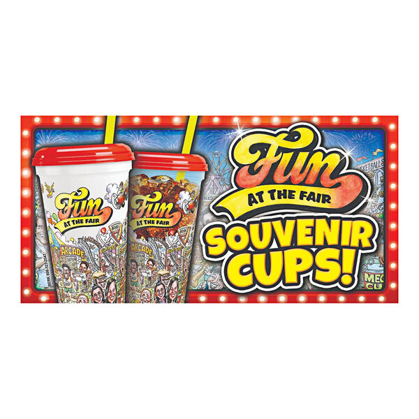 A white rectangular concession stand sign with "Fun at the Fair" and cups and straws designs.