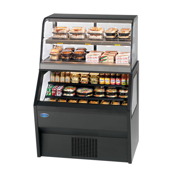 A black Federal Industries dual temperature merchandiser with food on display.