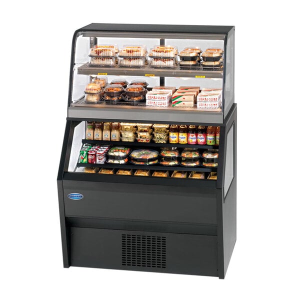 A black Federal Industries refrigerated dual service display case with food on it.