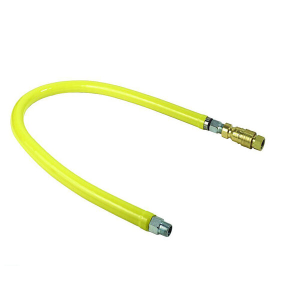 A yellow T&S Safe-T-Link gas hose with metal fittings.