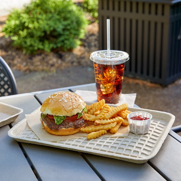 A EcoChoice molded fiber tray with a burger and fries on it.
