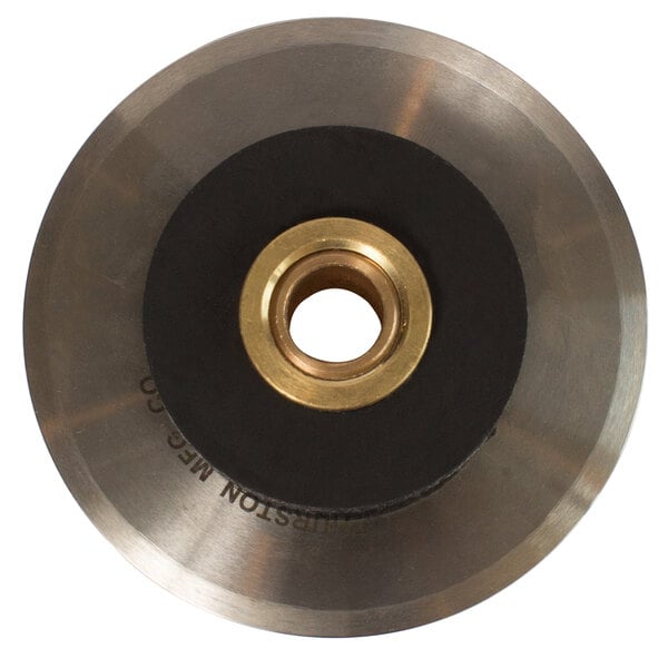 A circular metal blade with a brass center and a hole in the center.