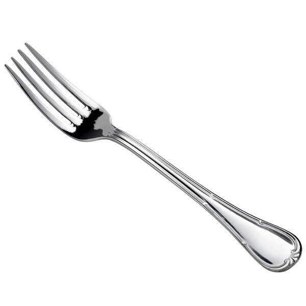 An Oneida Titian stainless steel European table fork with a silver handle.