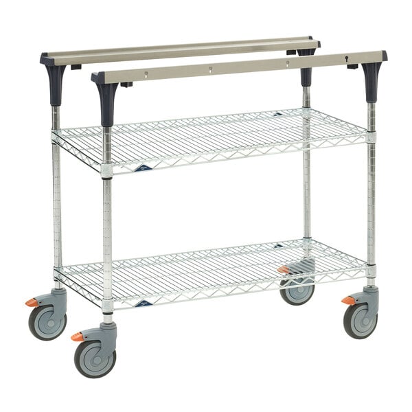 A Metro PrepMate MultiStation with Brite Zinc Wire Shelving on wheels.