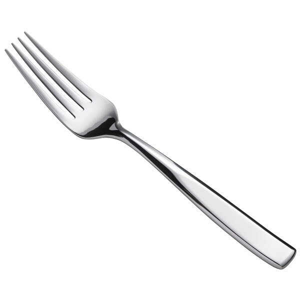 A close-up of a Oneida Tidal stainless steel European table fork with a silver handle.