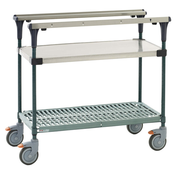 A Metro stainless steel cart with SuperErecta Pro shelves and wheels.