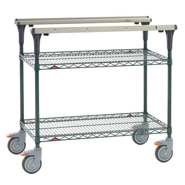 A Metro green metal cart with two shelves and wheels.