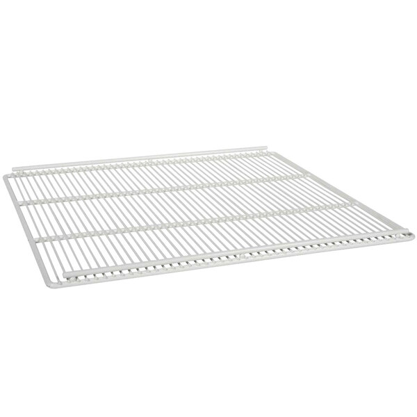 A white metal grid shelf with a wire rack.