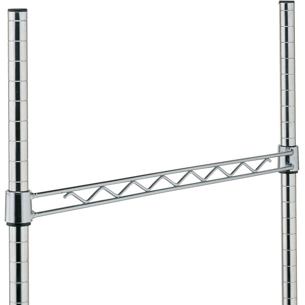A chrome metal hanger rail with metal bars.